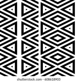 Vector seamless pattern. Geometric ornament, design template with striped black white triangles. Background, texture with figurative geometry. Decoration for card tile web cover fabric print badge