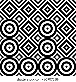 Vector seamless pattern. Geometric ornament, design template with striped black white circles and polygons. Background, texture with op art effect. Decoration for tile web cover fabric print badge