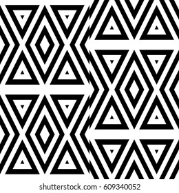 Vector seamless pattern. Geometric ornament, design template with striped black white triangles. Background, texture with figurative geometry. Decoration for card tile web cover fabric print badge