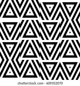 Vector seamless pattern. Geometric ornament, design template with striped black white triangles. Background, texture with figurative geometry. Decoration for card tile web cover fabric print badge