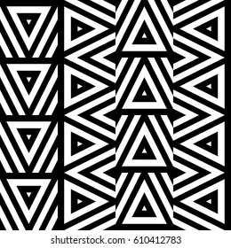 Vector seamless pattern. Geometric ornament, design template with striped black white triangles. Background, texture with figurative geometry. Decoration for card tile web cover fabric print badge