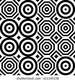 Vector seamless pattern. Geometric ornament, design template with striped black white circles and polygons. Background, texture with figurative geometry. Decor for card tile textile parquet border