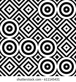 Vector seamless pattern. Geometric ornament, design template with striped black white circles and polygons. Background, texture with figurative geometry. Decor for card tile textile parquet border