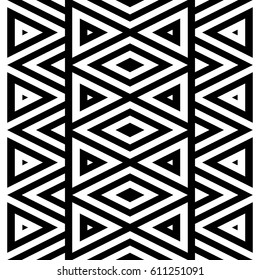 Vector seamless pattern. Geometric ornament, design template with striped black white triangles. Background, texture with figurative geometry. Decoration for card tile web cover fabric print badge