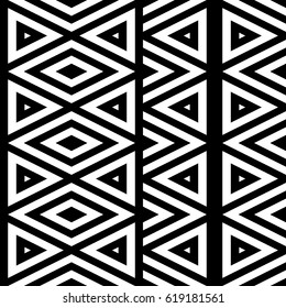 Vector seamless pattern. Geometric ornament, design template with striped black white triangles. Background, texture with figurative geometry. Decoration for card tile web cover fabric print badge