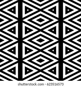 Vector seamless pattern. Geometric ornament, design template with striped black white triangles. Background, texture with figurative geometry. Decoration for card tile web cover fabric print badge