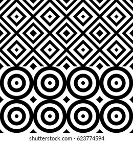 Vector seamless pattern. Geometric ornament, design template with striped black white circles and polygons. Background, texture with figurative geometry. Decor for card tile textile parquet border