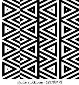 Vector seamless pattern. Geometric ornament, design template with striped black white triangles. Background, texture with figurative geometry. Decoration for card tile web cover fabric print badge