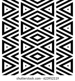 Vector seamless pattern. Geometric ornament, design template with striped black white triangles. Background, texture with figurative geometry. Decoration for card tile web cover fabric print badge