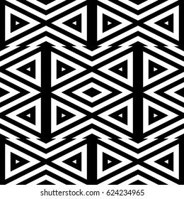 Vector seamless pattern. Geometric ornament, design template with striped black white triangles. Background, texture with figurative geometry. Decoration for card tile web cover fabric print badge