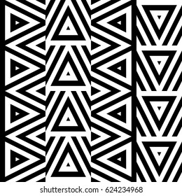 Vector seamless pattern. Geometric ornament, design template with striped black white triangles. Background, texture with figurative geometry. Decoration for card tile web cover fabric print badge