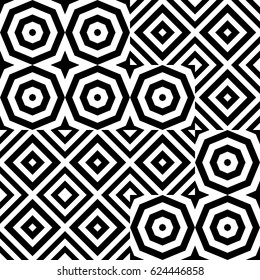Vector seamless pattern. Geometric ornament, design template with striped black white polygons. Background, texture by tetris composition. Decoration for card tile web cover fabric print badge