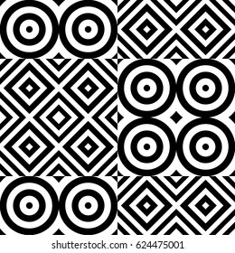 Vector seamless pattern. Geometric ornament, design template with striped black white circles and polygons. Background, texture with figurative geometry. Decor for card tile textile parquet border