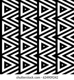 Vector seamless pattern. Geometric ornament, design template with striped black white triangles. Background, texture with figurative geometry. Decoration for card tile web cover fabric print badge