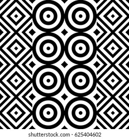 Vector seamless pattern. Geometric ornament, design template with striped black white circles and polygons. Background, texture with op art effect. Decoration for tile web cover fabric print badge