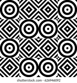 Vector seamless pattern. Geometric ornament, design template with striped black white circles and polygons. Background, texture with op art effect. Decoration for tile web cover fabric print badge