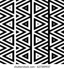 Vector seamless pattern. Geometric ornament, design template with striped black white triangles. Background, texture with figurative geometry. Decoration for card tile web cover fabric print badge