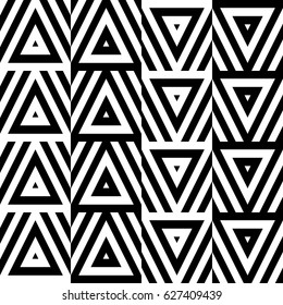 Vector seamless pattern. Geometric ornament, design template with striped black white triangles. Background, texture with figurative geometry. Decoration for card tile web cover fabric print badge