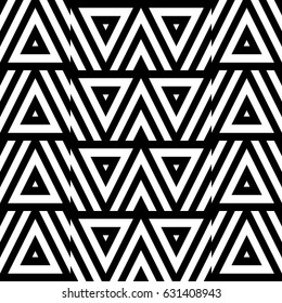 Vector seamless pattern. Geometric ornament, design template with striped black white triangles. Background, texture with figurative geometry. Decoration for card tile web cover fabric print badge