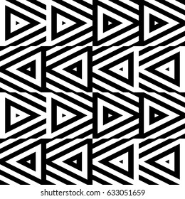 Vector seamless pattern. Geometric ornament, design template with striped black white triangles. Background, texture with figurative geometry. Decoration for card tile web cover fabric print badge