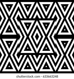 Vector seamless pattern. Geometric ornament, design template with striped black white triangles. Background, texture with figurative geometry. Decoration for card tile web cover fabric print badge