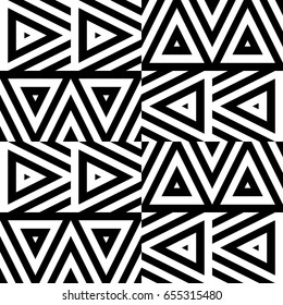 Vector seamless pattern. Geometric ornament, design template with striped black white triangles. Background, texture with figurative geometry. Decoration for card tile web cover fabric print badge