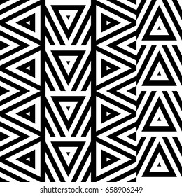 Vector seamless pattern. Geometric ornament, design template with striped black white triangles. Background, texture with figurative geometry. Decoration for card tile web cover fabric print badge