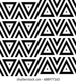 Vector seamless pattern. Geometric ornament, design template with striped black white triangles. Background, texture with figurative geometry. Decoration for card tile web cover fabric print badge