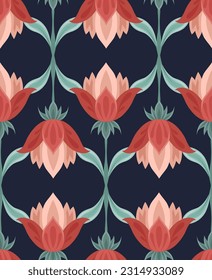 Vector seamless pattern with geometric red flowers on a dark background. Floral folk art texture. Rustic background for fabrics, wallpapers, wrapping paper