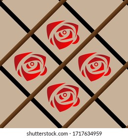 Patrón veloz. rosas geométricas en una cuadrícula cuadrada marrón y negro sobre un fondo de café con leche. 