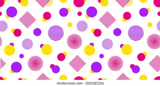 Vector seamless pattern with geometric shapes. Modern repeated texture. Abstract background in bright colors. Colored graphic random elements. Template backdrop. Vector illustration