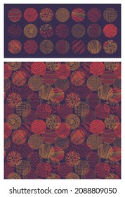 Vector seamless pattern of geometric shapes. Simple texture of hand drawn curves, spirals. Contemporary trend illustration. Doodle abstract background, wallpaper. Set of icons for design, posters