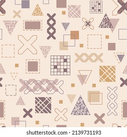 Vector seamless pattern with geometric shapes: squares, triangle in soft colors. Memphis style. 90s style. Geometric pattern perfect for design of fabric, textile, wrapping paper, wallpaper.