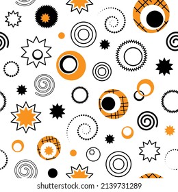 Vector seamless pattern with geometric shapes: circles, stars, lines, spiral. Memphis style. 90s style. Geometric pattern perfect for design of  fabric, textile, wrapping paper, wallpaper.