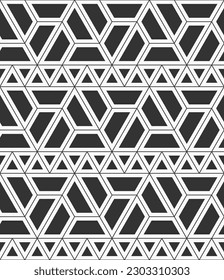 Vector seamless pattern. Geometric shapes pattern. Mosaics motif. Polygonal trellis on the base of triangular grid. Triangles pattern. Abstract seamless black and white vector background.