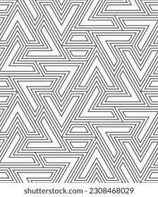Vector seamless pattern. Geometric shapes outline pattern. Polygonal trellis on the base of triangular grid. Polygonal grid of striped elements. Abstract seamless black and white vector background.