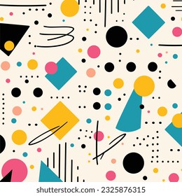 vector seamless pattern of geometric shapes on white background, in the style of memphis design, abstracted grotesqueries, confetti-like dots, erased and obscured