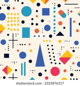 vector seamless pattern of geometric shapes on white background, in the style of memphis design, abstracted grotesqueries, confetti-like dots, erased and obscured