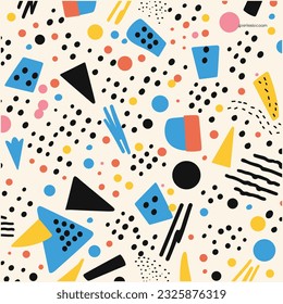 vector seamless pattern of geometric shapes on white background, in the style of memphis design, abstracted grotesqueries, confetti-like dots, erased and obscured