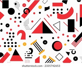 vector seamless pattern of geometric shapes on white background, in the style of memphis design, geometric shapes and patterns, red and black, rectilinear forms