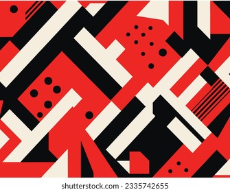 patrón vectorial sin fisuras de formas geométricas sobre fondo blanco, en el estilo de diseño memphis, formas y patrones geométricos, rojo y negro, formas rectilineales