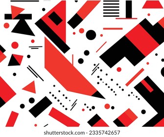 vector seamless pattern of geometric shapes on white background, in the style of memphis design, geometric shapes and patterns, red and black, rectilinear forms