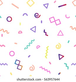 Vector seamless pattern with geometric shapes in memphis style. Background for printing brochure, poster, party, summer print, vintage textile design, card. Pastel colors.
