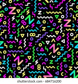 vector seamless pattern with geometric shapes on black background. multicolor retro vintage abstract art print. fashion 80s-90s. memphis style design. Wallpaper, cloth design, fabric, paper, textile. 