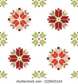Vector seamless pattern of geometric snowflakes. Nordic pattern in Christmas traditional colors.