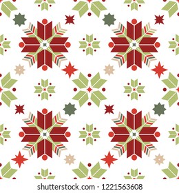 Vector seamless pattern of geometric snowflakes. Nordic pattern in Christmas traditional colors.