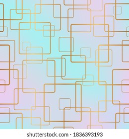 Vector seamless pattern. Geometric square shapes. Background pastel colors with gold rounded squares. Abstract golden geometric dynamic pattern for design prints