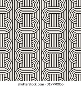 Vector seamless pattern. Geometric striped ornament. Monochrome background with interlaced striped tapes.
