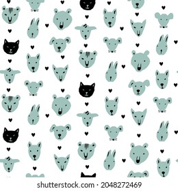 Vector seamless pattern in geometric style with funny animal faces