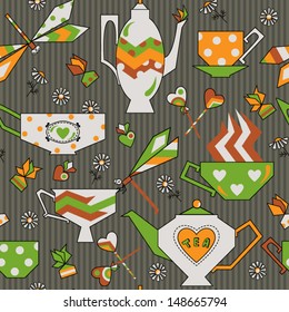 Vector seamless pattern and geometric teapots  cups  candy  flowers   insects dark background 